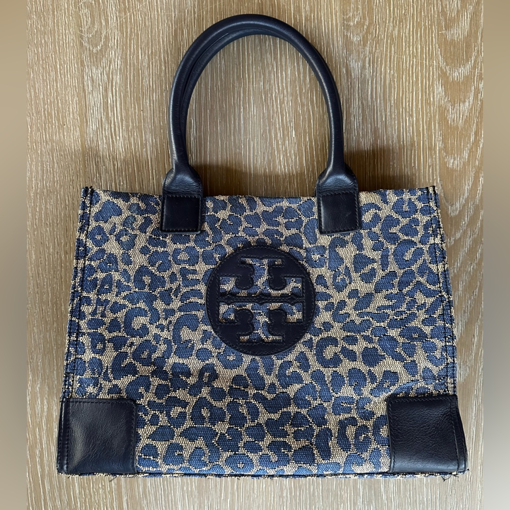 Tory Burch Ella Tote, navy and tan leopard woven fabric
